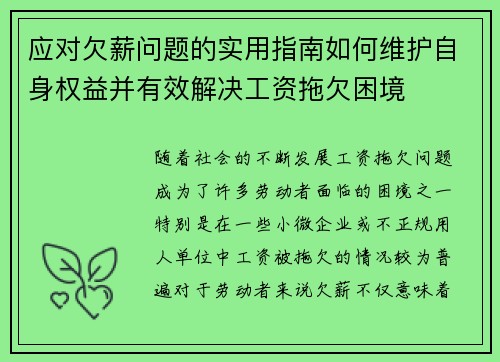 应对欠薪问题的实用指南如何维护自身权益并有效解决工资拖欠困境