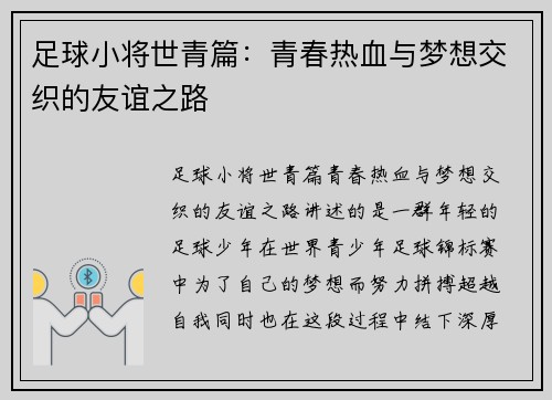 足球小将世青篇：青春热血与梦想交织的友谊之路